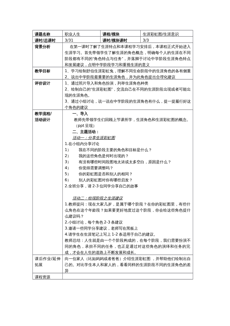 3.生涯意识-生涯彩虹图（2）-教案 封面